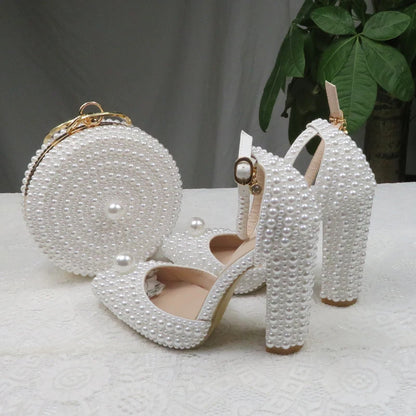 BaoYaFang White Beads Pearl Women Wedding Shoes Bride High Heels Shoes Ladies Super Big Size Party Dress Shoes Woman Pointed Toe