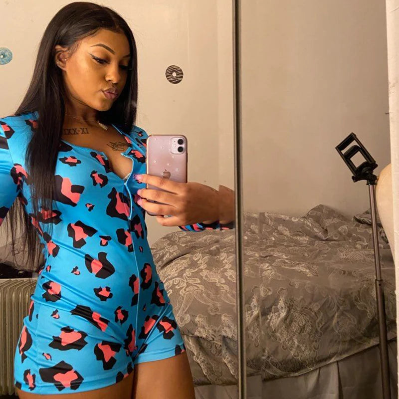 OMSJ 2026 Spring Sexy Women Purple Leopard Print Elegant Sleepwear Pajamas Onesies Long Sleeve Bodycon Short Jumpsuits Nightwear