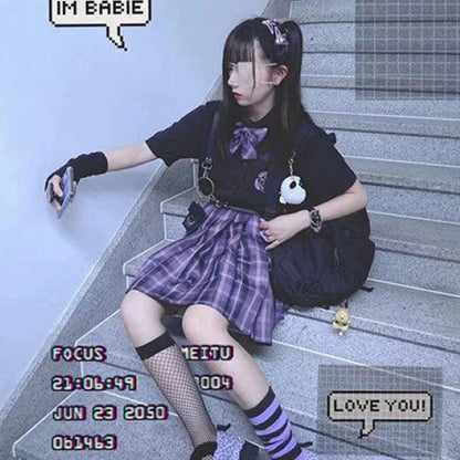 Japanese Harajuku Three piece set Plaid Mini Women Skirt School Uniforms Skirt A-line Sweet High Waist Women kawaii Suits & Sets