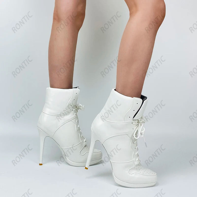Rontic Handmade Women Winter Ankle Boots Unisex Lace Up Sexy Stiletto Heels Round Toe Pretty White Casual Shoes US Size 5-20