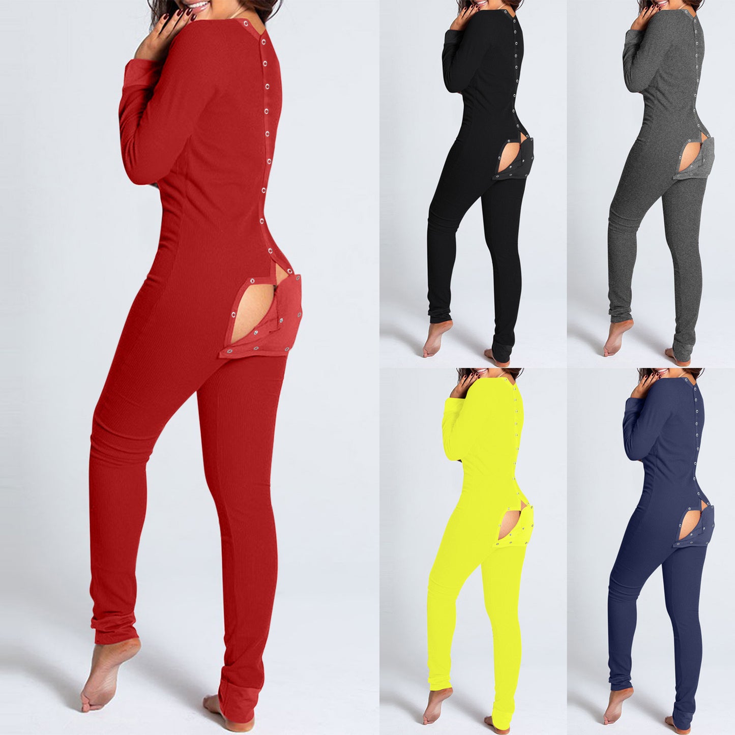 Sexy Pyjama Women's Jumpsuit Suit Button-down Front Back Butt Open Ass Flap Jumpsuit Pajamas Loungewear Buttoned Sleepwear