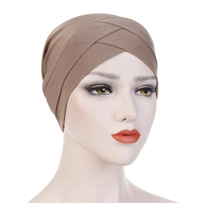 H117 Forehead criss Cross Muslim Turban Pure Color Stretch Inner Hijabs For Caps Ready To Wear Women Head Scarf Under Bonnet