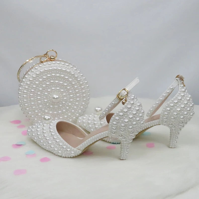 BaoYaFang White Beads Pearl Women Wedding Shoes Bride High Heels Shoes Ladies Super Big Size Party Dress Shoes Woman Pointed Toe