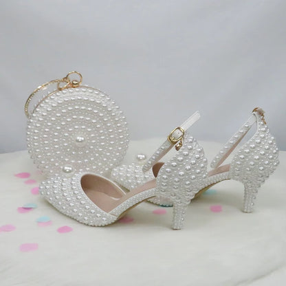 BaoYaFang White Beads Pearl Women Wedding Shoes Bride High Heels Shoes Ladies Super Big Size Party Dress Shoes Woman Pointed Toe