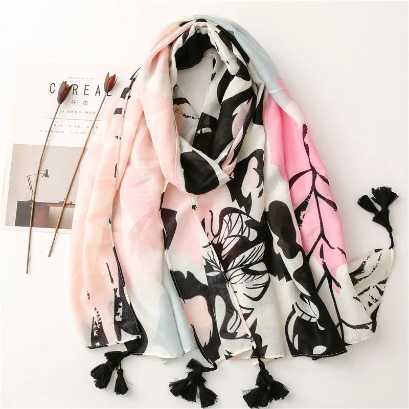 2026 Luxury Brand Ink Painting Floral Tassel Viscose Shawl Scarf Lady High Quality Pashmina Hijab and Wraps Foulard Muslim Sjaal