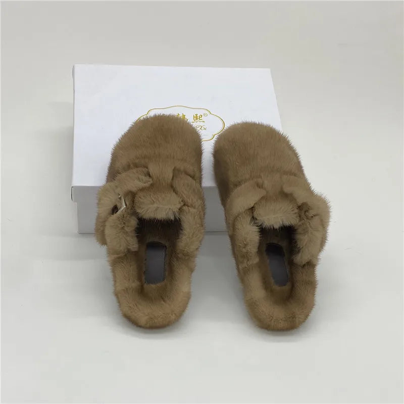 Female Luxury Real Mink Fur Slippers, Women's Clogs, Slip-on Casual Winter Shoes, Mules Shoes Women Luxury Designer Mink Slipper