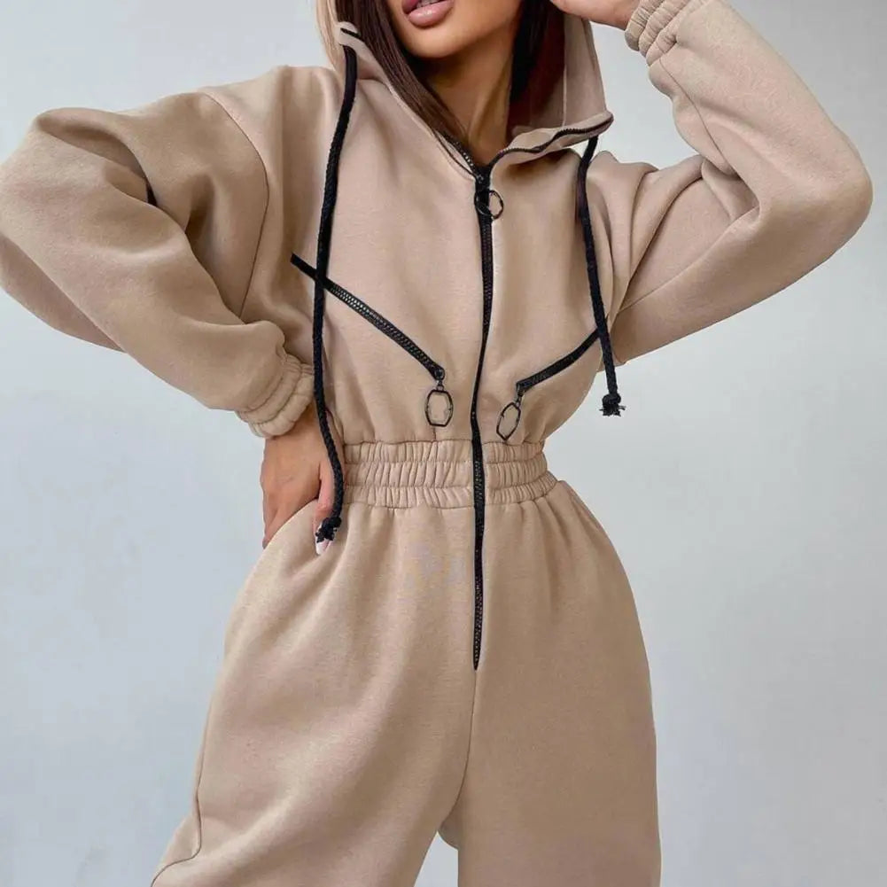Warm Winter Women Hooded Playsuit Solid Color Thick Tight Waist Rompers Casual Women Hoodie Jumpsuit Overalls combinaison femme