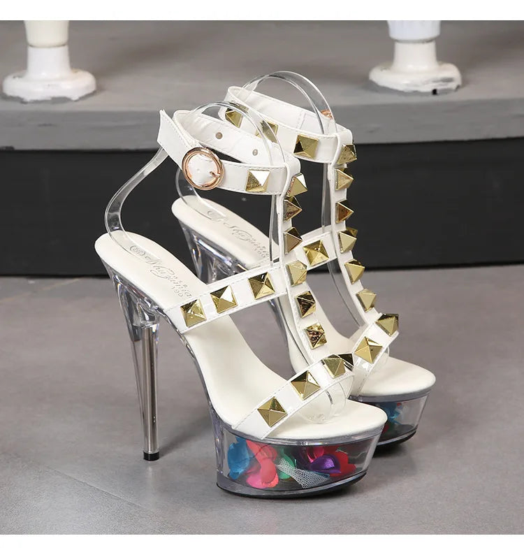 Women's Platform Sandals Rivet Pull Sandals Transparent High Heel 13CM Slim Heel Summer Waterproof Table LFD-1099-36