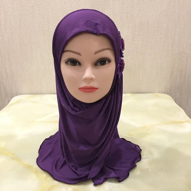 H081 beautiful small girl hijab with flowers cute hijab hats women's caps can fit 2-6 years old girls