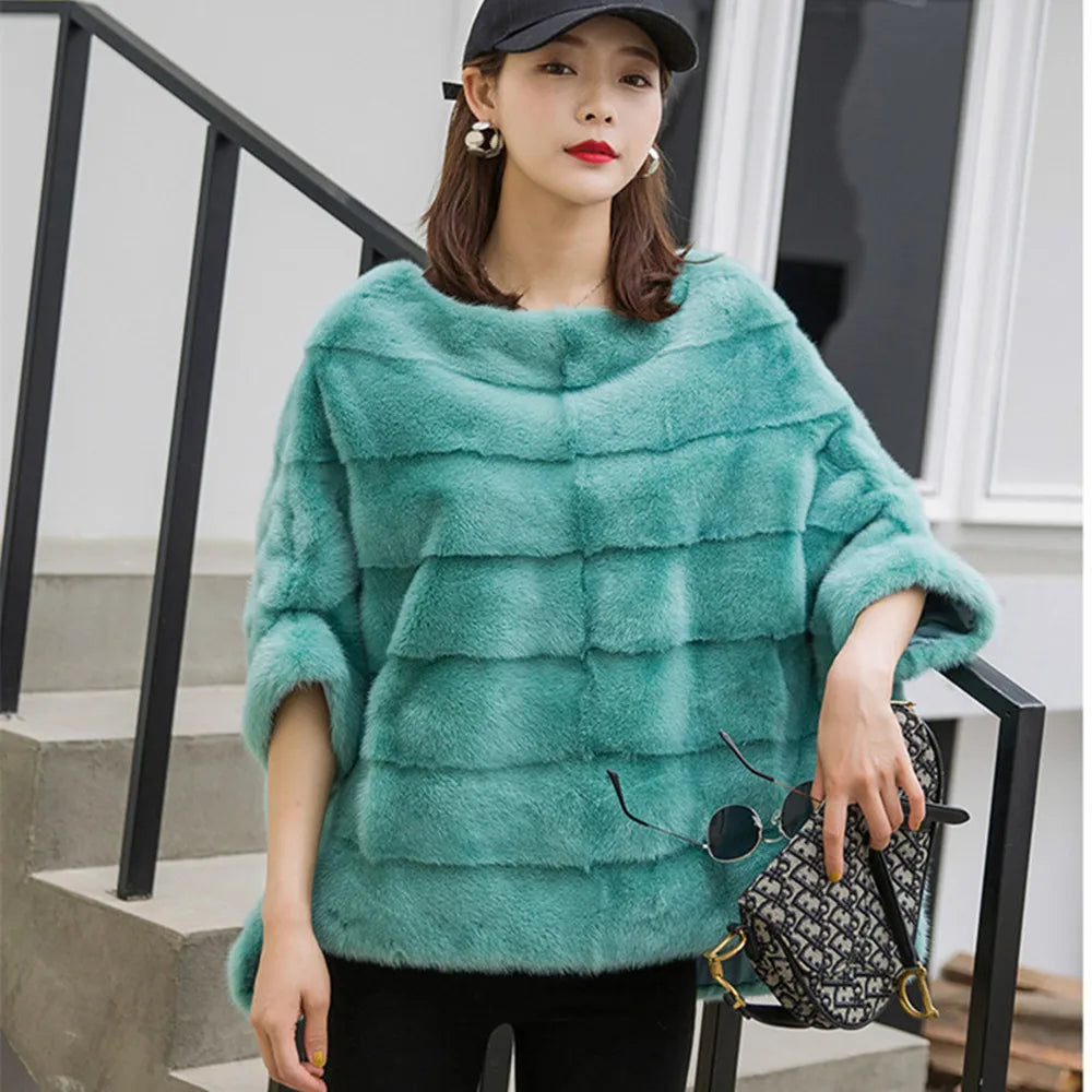 Real Mink Fur Coat Women Winter Natural Fur Coat Long Female Genuine Leather Mink Coats Cape shawl mink coat