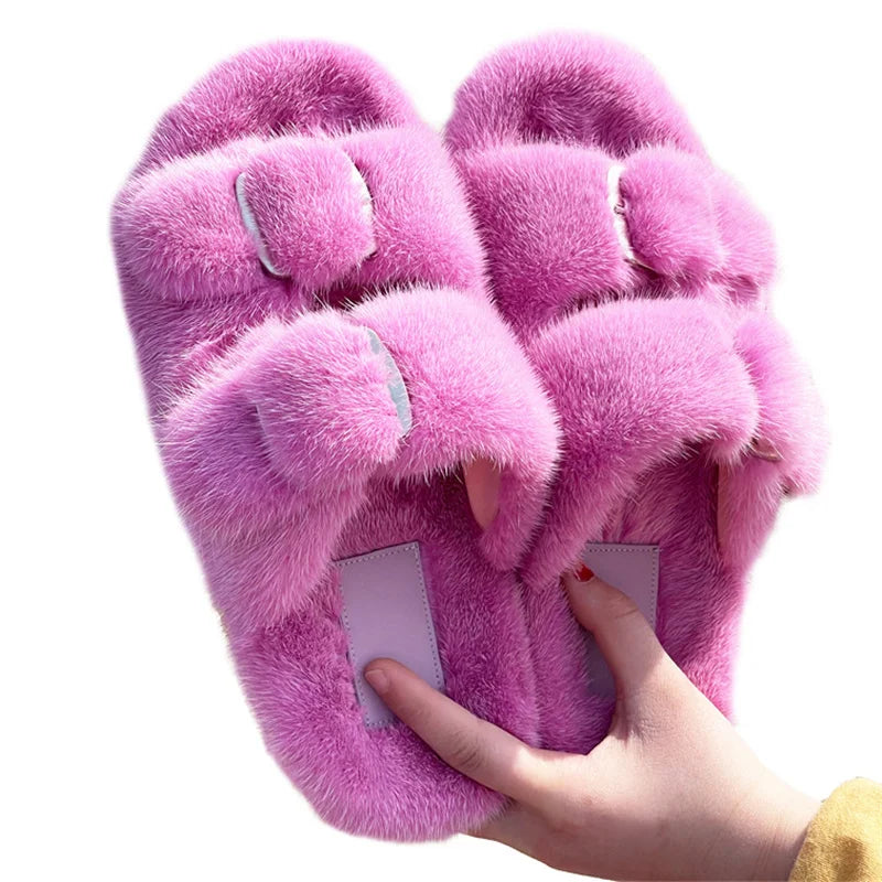 Slippers Ladies Summer Fluffy Mink Fur Slippers 100% Mink Fur Slippers Ladies Sandals 2021 Home Slippers Girls Outdoor Slippers