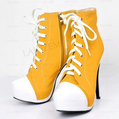 LAIGZEM Canvas Botines Mujer Women Platform Booties High Heel Side Zip Short Ankle Boots Shoes Woman Ladies Large Size 34 42 452
