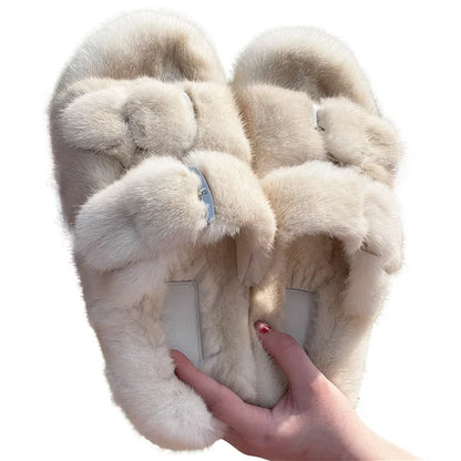 Slippers Ladies Summer Fluffy Mink Fur Slippers 100% Mink Fur Slippers Ladies Sandals 2021 Home Slippers Girls Outdoor Slippers