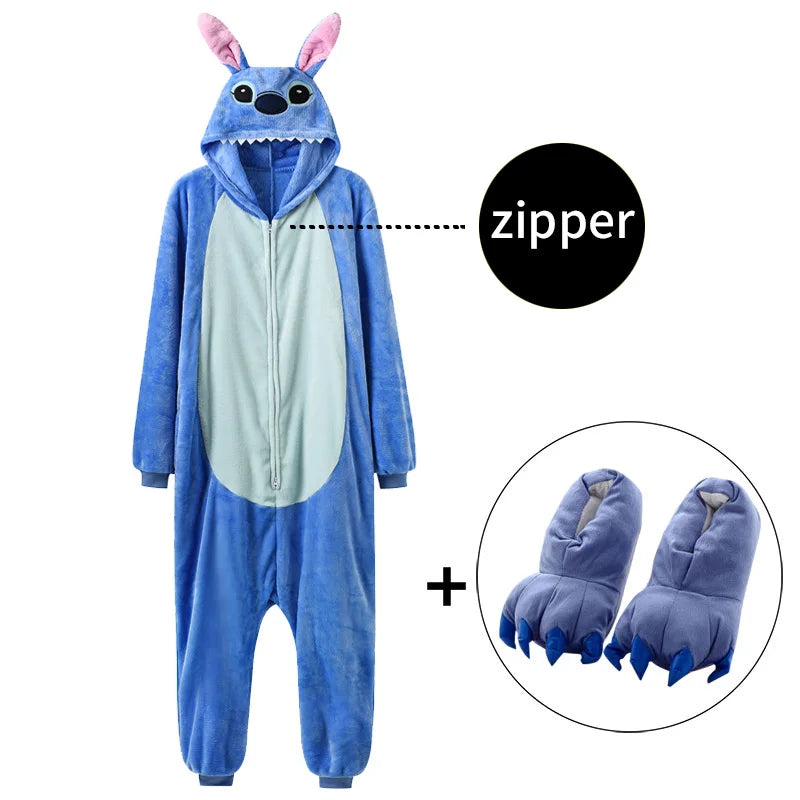 Anime Kigurumis Onesies With Slippers Overalls Adult Women Men Blue Animal Pajama Button Zipper Jumpsuit Funny Outfit XXL Suit