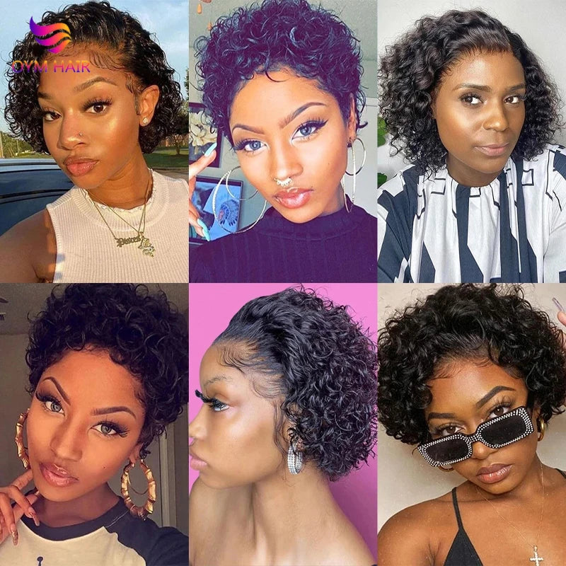 13x4 Lace Frontal Wigs Human Hair Pixie Cut 180% Density Black Color Water Wave Short Pixie Cut Wigs for Women Preplucked