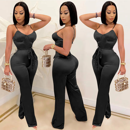 New Women Spaghetti Strap Sleeveless Straight Jumpsuit Women Sexy Club Open Back High Waist Rompers One Piece Overalls