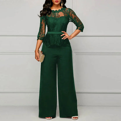 Sexy Lace Hollow Out Jumpsuits Women Spring Autumn Solid O-neck Half Sleeve Party Rompers Elegant Office Lady Wide Leg Overalls