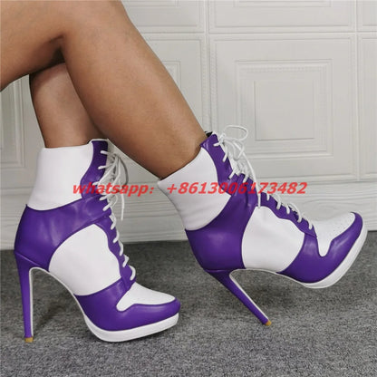 Lace Up High Top High Heel Sport Boots Size 47 Sporty Style Woman High Heel Lace-Up Short Boot High Heel Woman Sport Ankle Boots