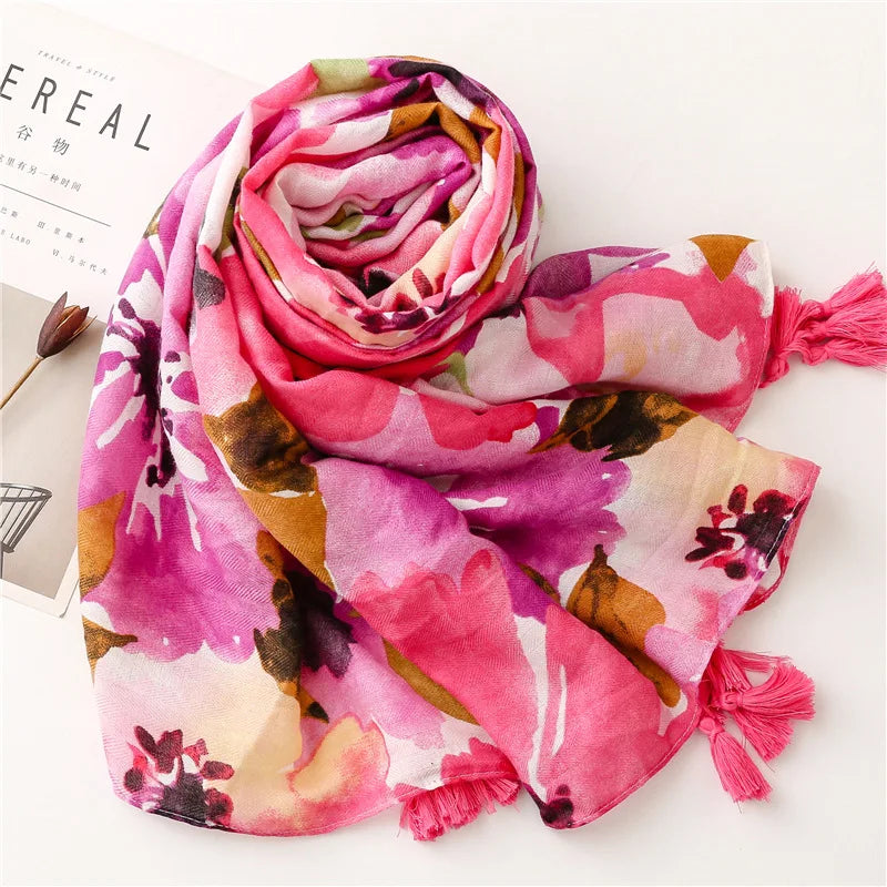 2026 Luxury Brand Ink Painting Floral Tassel Viscose Shawl Scarf Lady High Quality Pashmina Hijab and Wraps Foulard Muslim Sjaal