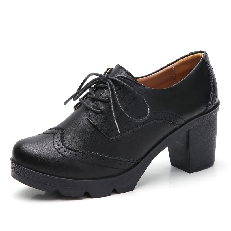 EOFK Women Brogue Shoes New Quaity High Square Heel Derby Genuine Leather High Heels Wedge Shoes Woman Female Shoes Pumps Casual