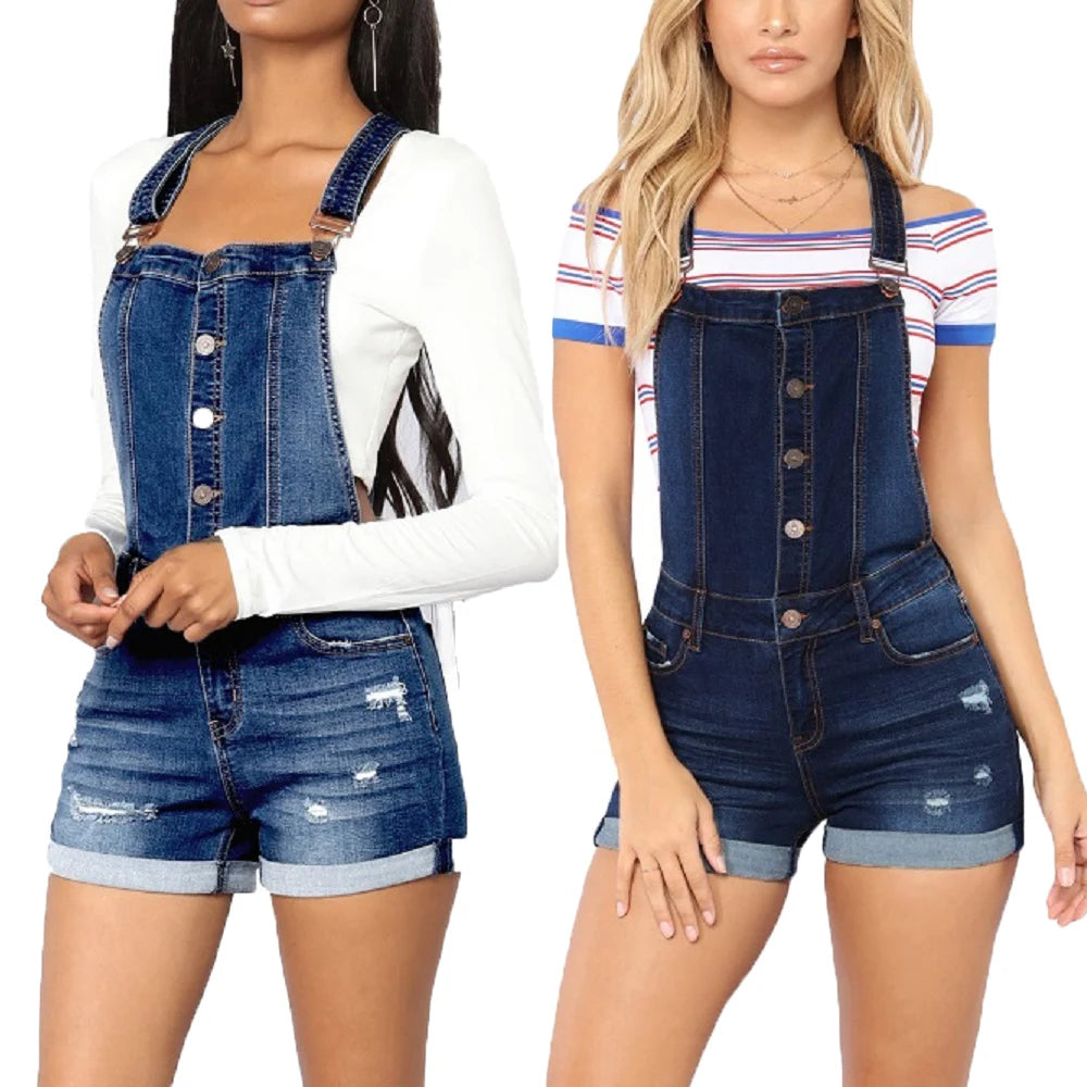 Women Summer Denim Bib Overalls Jeans Shorts Jumpsuits and Rompers Playsuit