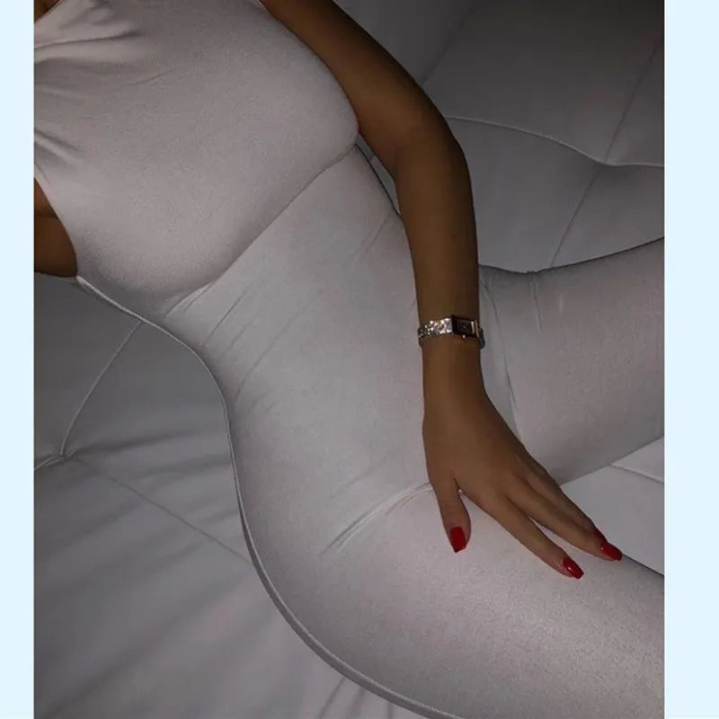 White Elegance Jumpsuit Elastic Hight Casual Fitness Rompers Sleeveless Zipper Bodysuit Summer Bodycon Overalls For Women 2021