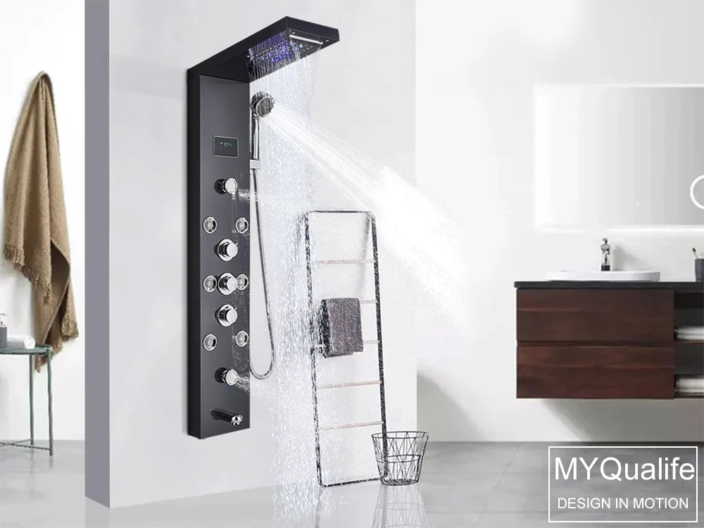 LED Light Shower Panel Waterfall Rain Digital Display Shower Faucet Set SPA Massage Jet Bathroom Column Mixer Tap Tower System
