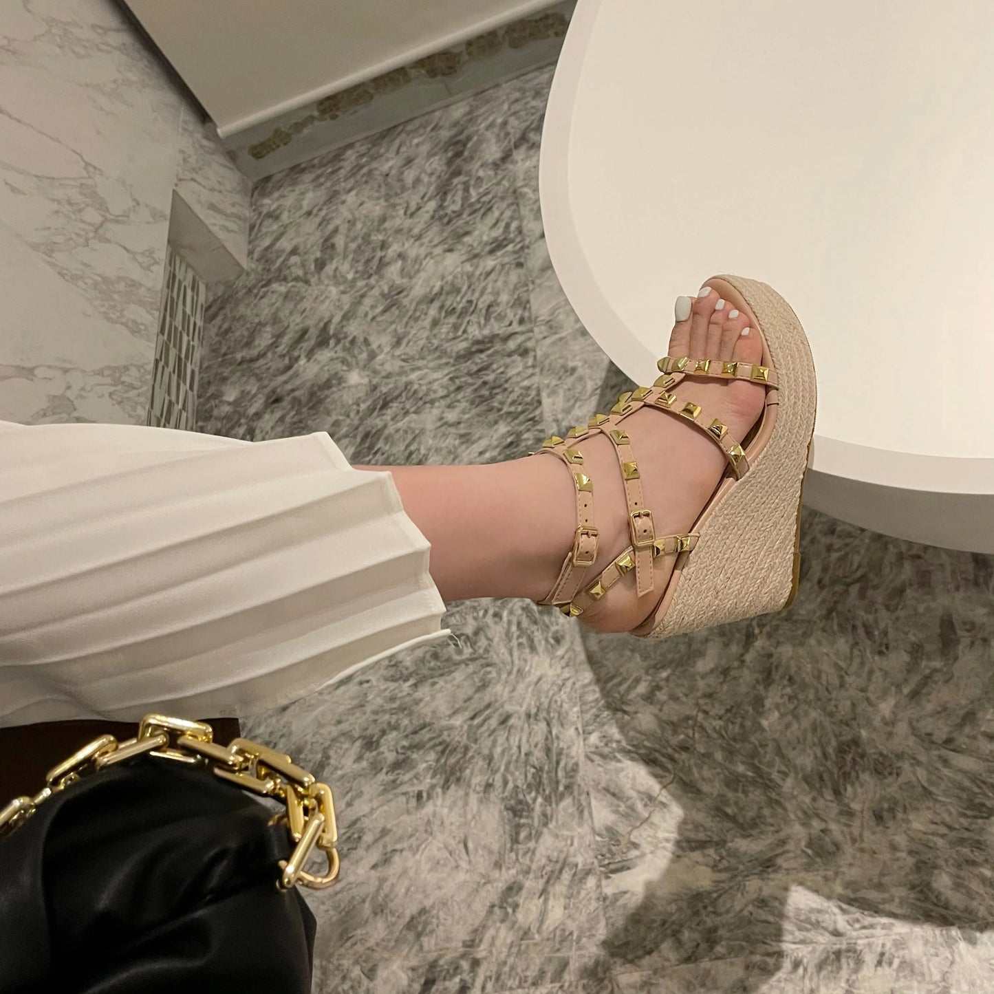 Rivet Wedges Women Sandals Open Toe Ankle Buckle Strap Ladies Platform Wedges Sandals High Heels Roman Rattan Grass Woven Shoes