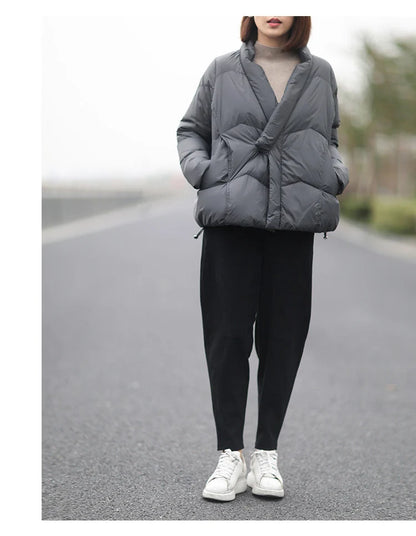Schinteon Women Japanese Style Jacket Over Size White Duck Down Coat Loose Warm Autumn Winter Casual Outwear Top Quality