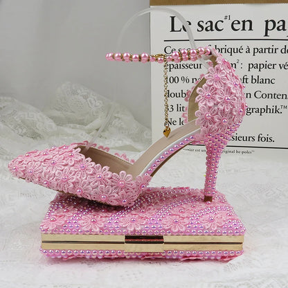 AB Pink Pearl Flower Wedding Shoes With Matching Bags High Heels Pointed Toe Ankle Strap Ladies Party Shoe and Bag Set