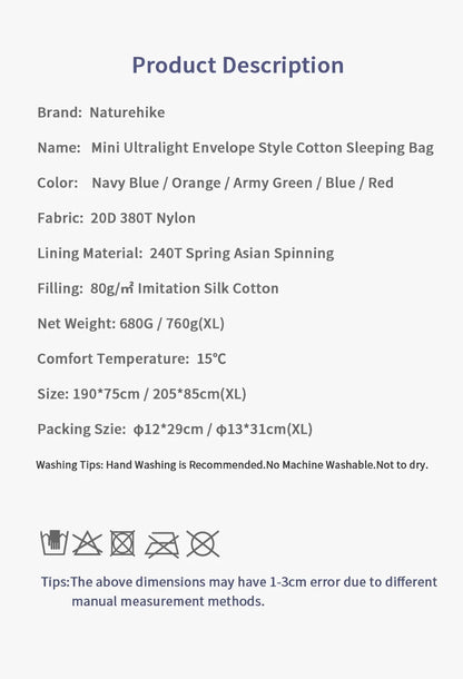 Naturehike Sleeping Bag LW180 Outdoor Ultralight Portable Waterproof Summer Sleeping Bag Envelope Cotton Camping Sleeping Bag