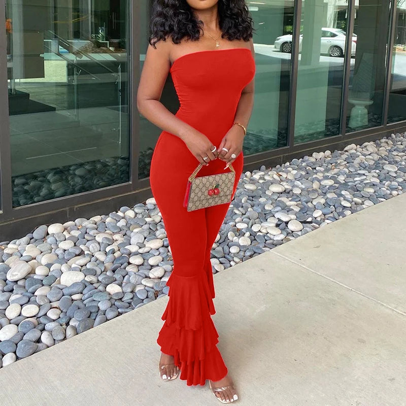 Women Strapless Bodycon Sexy Casual Jumpsuit Red Fashion New Backless Rompers Stacked Flared Pants Streetwear Overalls One Piece