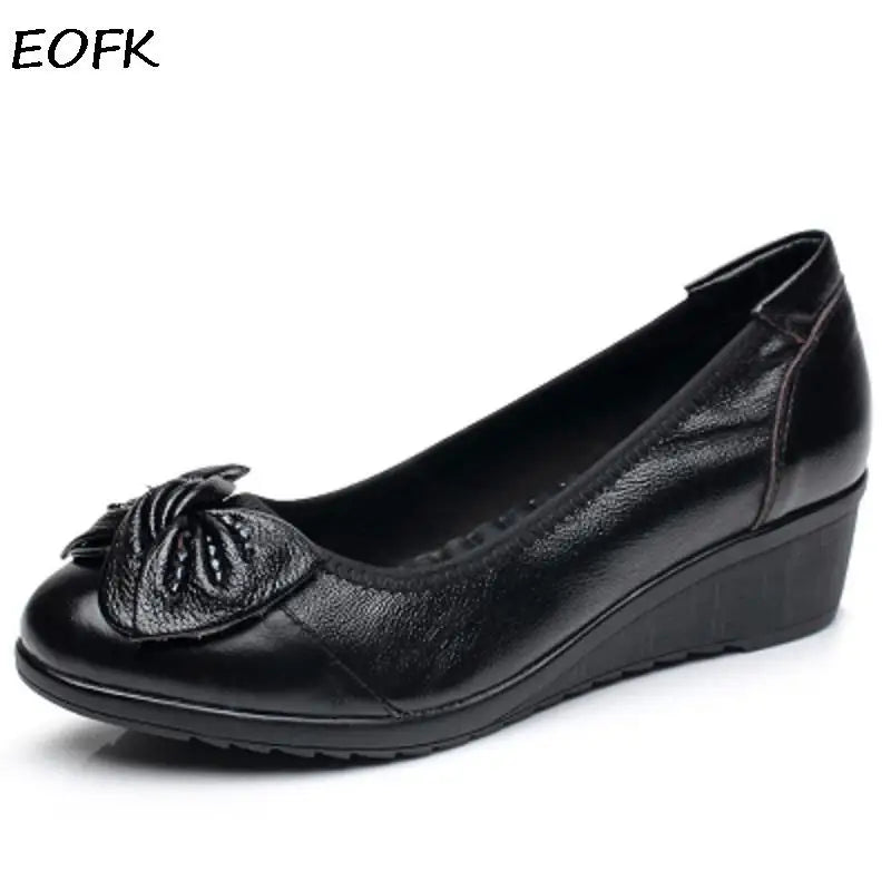 Women's Genuine Leather Pumps with Soft Butterfly Knot Wedge Low Heel Comfortable Round Toe Ladies Mother Loafers