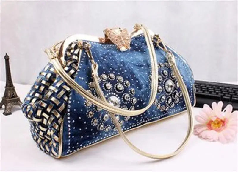 Denim Rhinestones Women Handbag Clutch Bag For Evening Party Chic Butterfly Decoration Ladies Denim  Shoulder Bag
