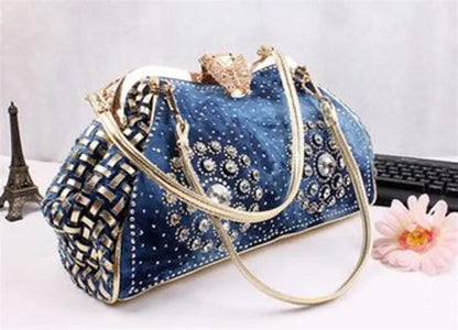 Denim Rhinestones Women Handbag Clutch Bag For Evening Party Chic Butterfly Decoration Ladies Denim  Shoulder Bag