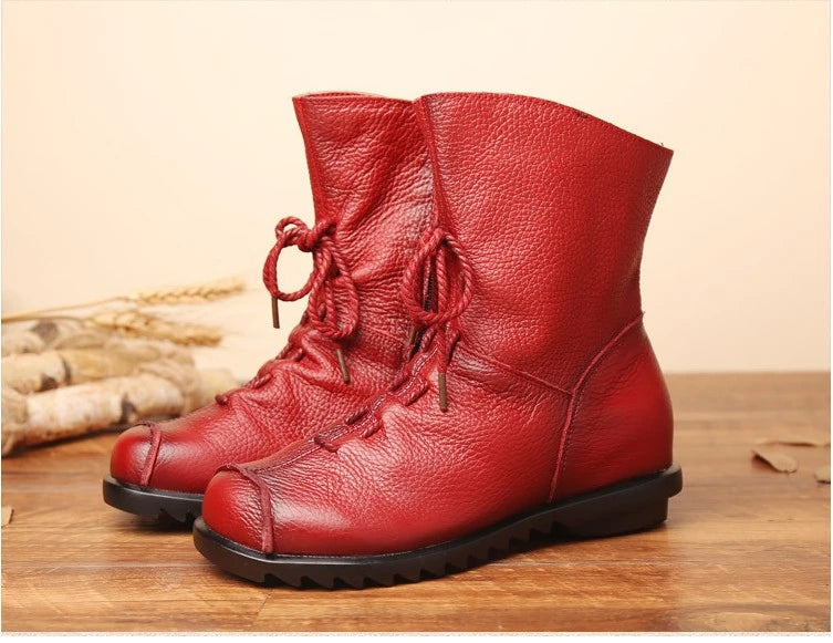 JIANBUDAN/ Genuine Leather Plush Women's Short Boots Retro Casual Autumn Winter Women's Boots Waterproof Leather Warm Snow Boots