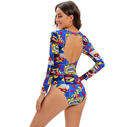 TYAKKVE Surf Swimwear Rash Guard Long Sleeve One Piece Swimsuit For Women Print High Neck Bodysuits Swim Suits Backless Monokini