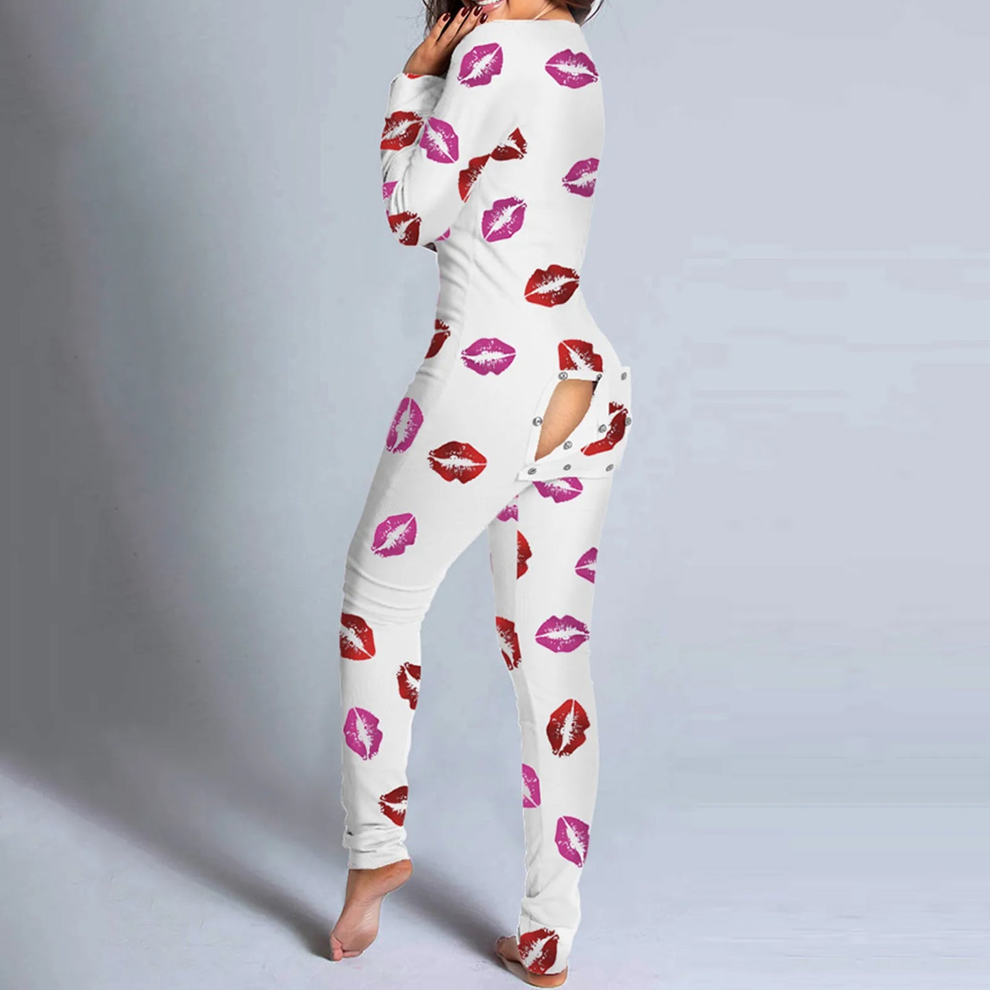 Sexy Women Pajamas Onesies Button-down Front Buttoned Flap Adults Pyjama Plaid Cow Print V-neck Long Sleeve Jumpsuit Sleepwear