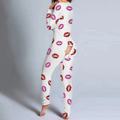 Sexy Women Pajamas Onesies Button-down Front Buttoned Flap Adults Pyjama Plaid Cow Print V-neck Long Sleeve Jumpsuit Sleepwear