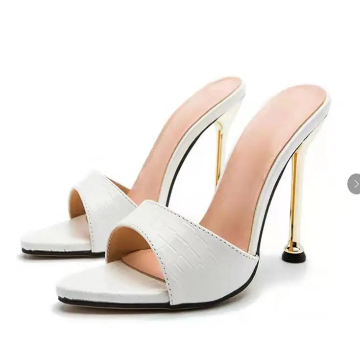 Luxury Women Ultra-High-Heeled Thin Metal Sandals with Pointed Fish Mouth Snake Print Large Size Wine Glasses Party Slippers