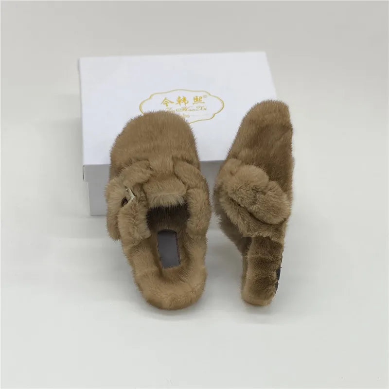 Female Luxury Real Mink Fur Slippers, Women's Clogs, Slip-on Casual Winter Shoes, Mules Shoes Women Luxury Designer Mink Slipper