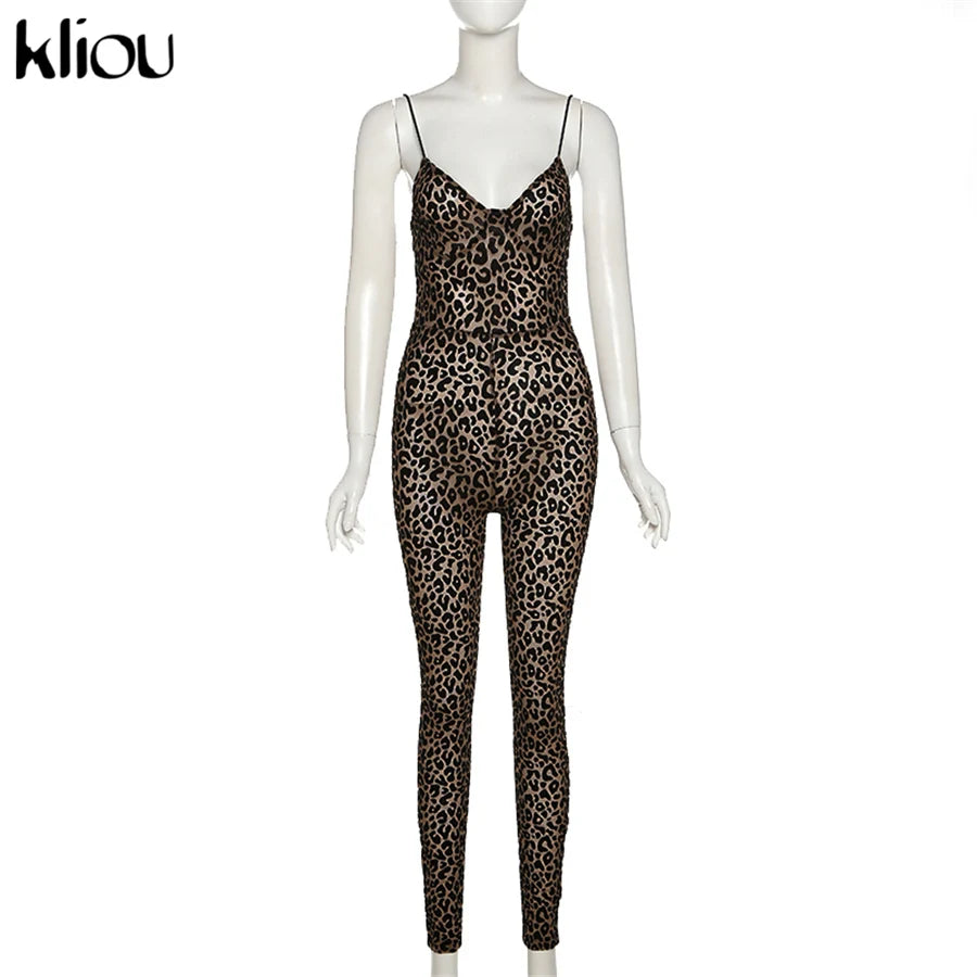 Kliou Flocking Mesh Jumpsuit Women Autumn Sexy Camis Leopard Patchwork Body-Shaping One Piece Clothing Midnight Attire Clubwear