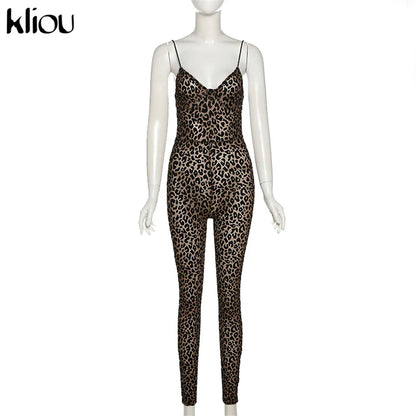 Kliou Flocking Mesh Jumpsuit Women Autumn Sexy Camis Leopard Patchwork Body-Shaping One Piece Clothing Midnight Attire Clubwear