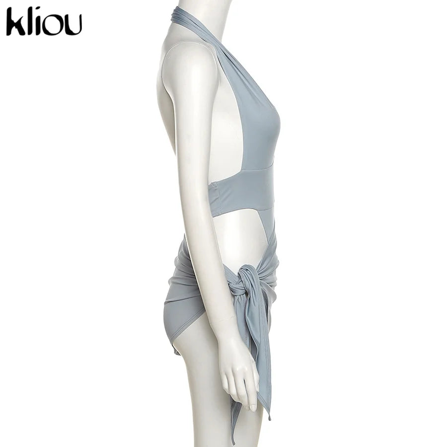 Kliou Solid Deep V sexy Two Piece Sets Midnight Club Halter Top And Skirt Backless Summer Partywear Hollow Out Ruched Women Set