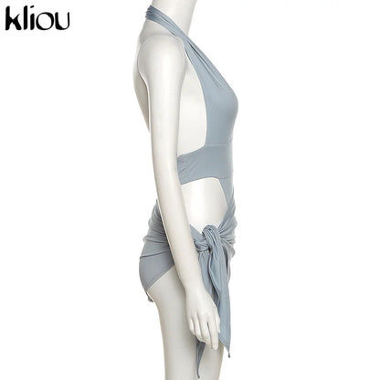 Kliou Solid Deep V sexy Two Piece Sets Midnight Club Halter Top And Skirt Backless Summer Partywear Hollow Out Ruched Women Set