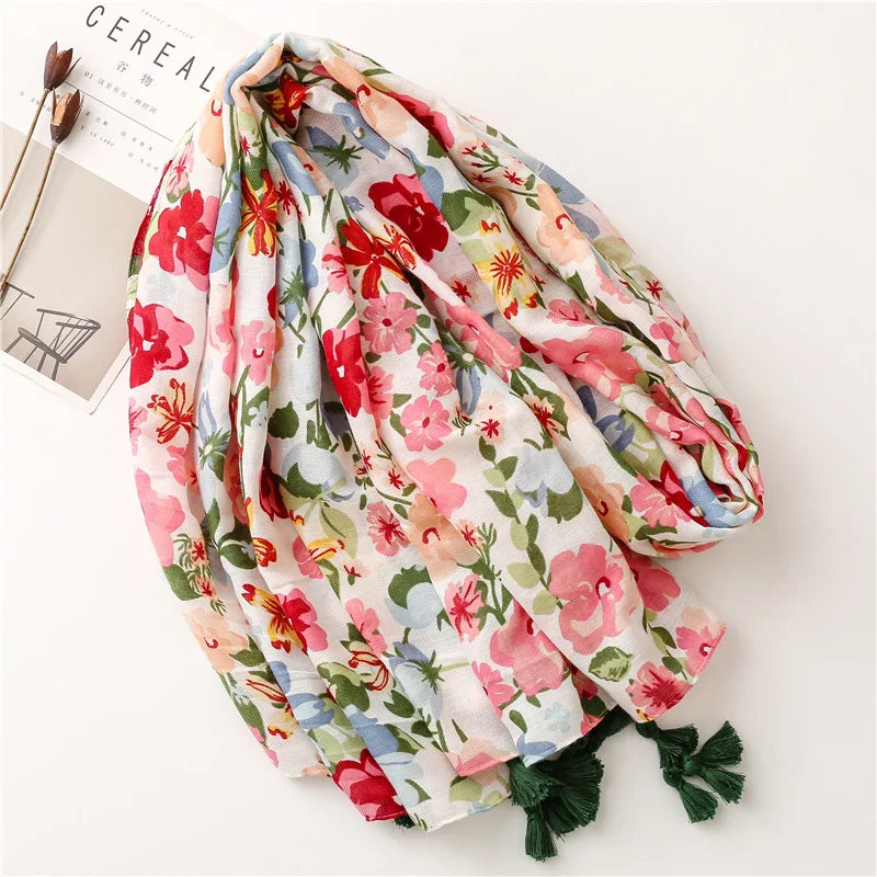 2026 Luxury Brand Ink Painting Floral Tassel Viscose Shawl Scarf Lady High Quality Pashmina Hijab and Wraps Foulard Muslim Sjaal