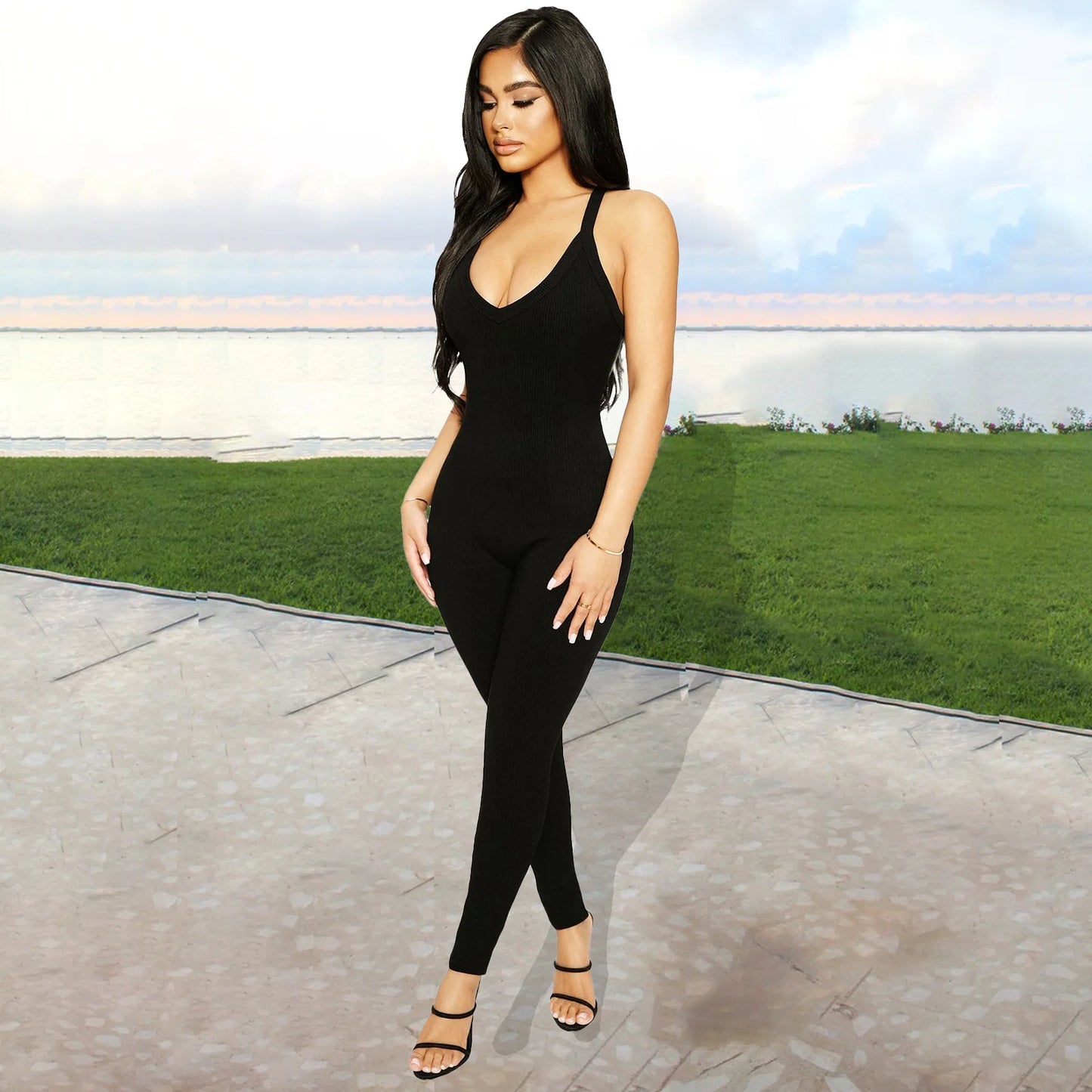 Sexy Cleavage Jumpsuits Women Classic Simple Casual Sporty Wear Sleeveless V-Neck Back Criss Cross Active Casualwear