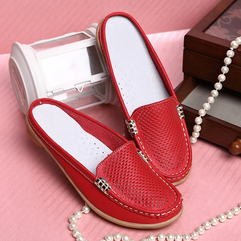 Women Casual Shoes Hollow Out Lady Half Lofers Genuine Leather Flats Moccasins Women Luxury Brand Half Slippers Zapatillas Mujer