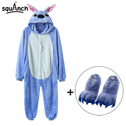 Anime Kigurumis Onesies With Slippers Overalls Adult Women Men Blue Animal Pajama Button Zipper Jumpsuit Funny Outfit XXL Suit