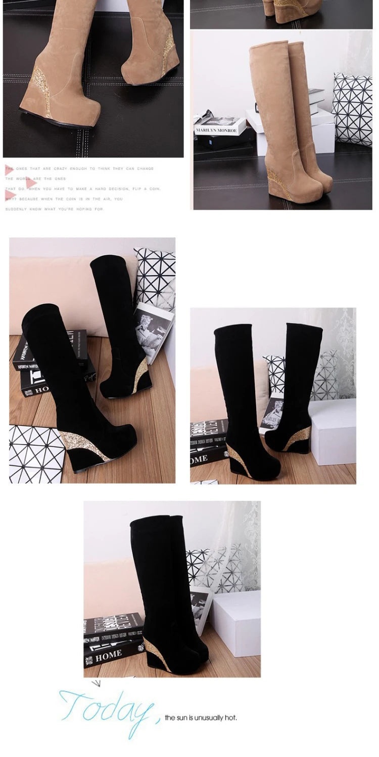 Flock Stitching Sequined Cloth Wedges Women's Knee-Length Boots Inner Heightening Platform Flat-Bottomed Winter Long Boots
